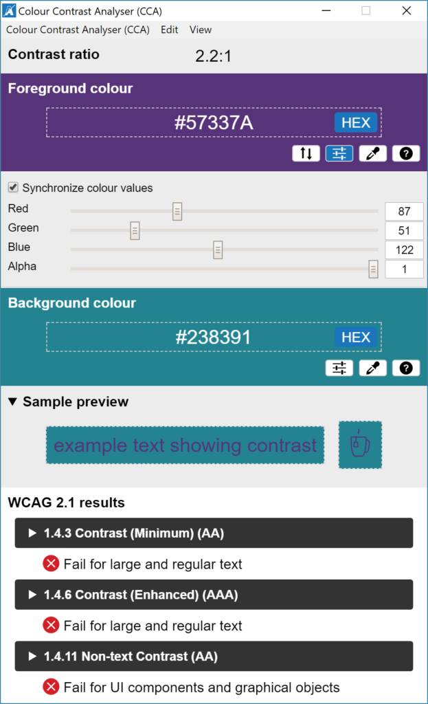 photo of TPGi color contrast tool showing WCAG failure