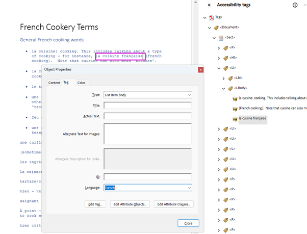 The Accessibility Tags panel open with a tag for content in another language highlighted and the Object Properties dialog open for that tag with the Language property highlighted.