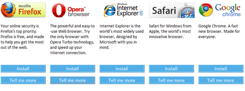 The browser choice screen with links and information about the Opera, Firefox, Internet Explorer, Safari and Chrome browsers.