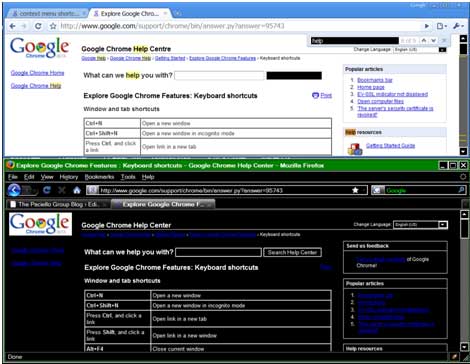 The Google Chrome Interface and HTML document displayed show little change in foreground and background colours. The Firefox interface and HTML document displayed have a black background and mainly white foreground.