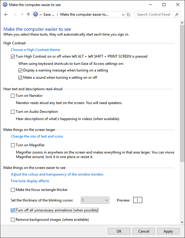 The 'Control Panel > Ease of Access > Ease of Access Centre' dialog, with the 'Turn off all unnecessary animations (when possible)' checkbox highlighted