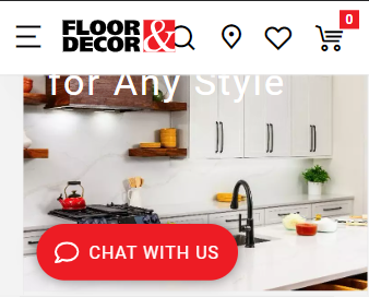 Floor & Decor's header converted to use mobile icons, and a large Chat With Us button floats over the main page content