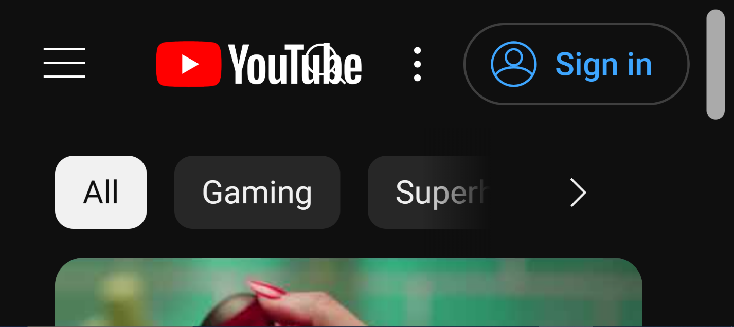YouTube homepage where the header and row of categories take up most of the visible page