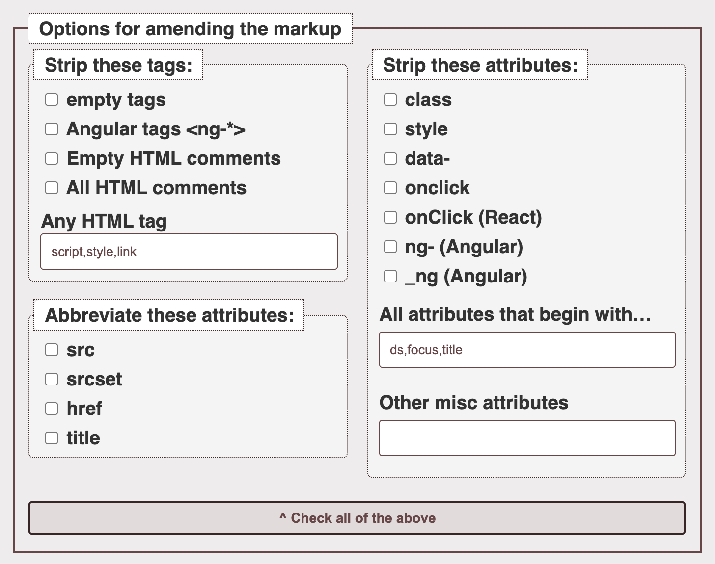 De-crapulator options to remove attributes, tags and comments