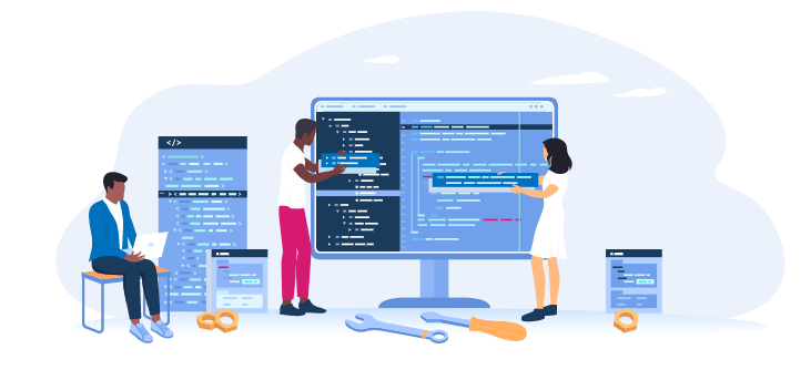 illustration of people looking at software code