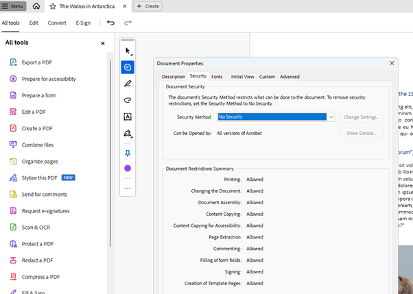 The Document Properties dialog open with Security Method highlighted
