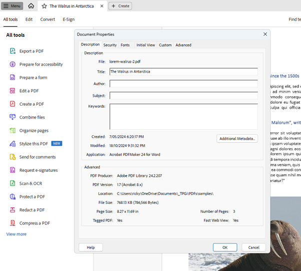 The Document Properties dialog open with the Title property highlighted