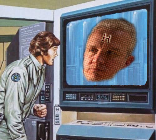 Cartoon with spaceship crew person flabbergasted by Dr David Swallow's disembodied disdainful face staring at him from a large screen.