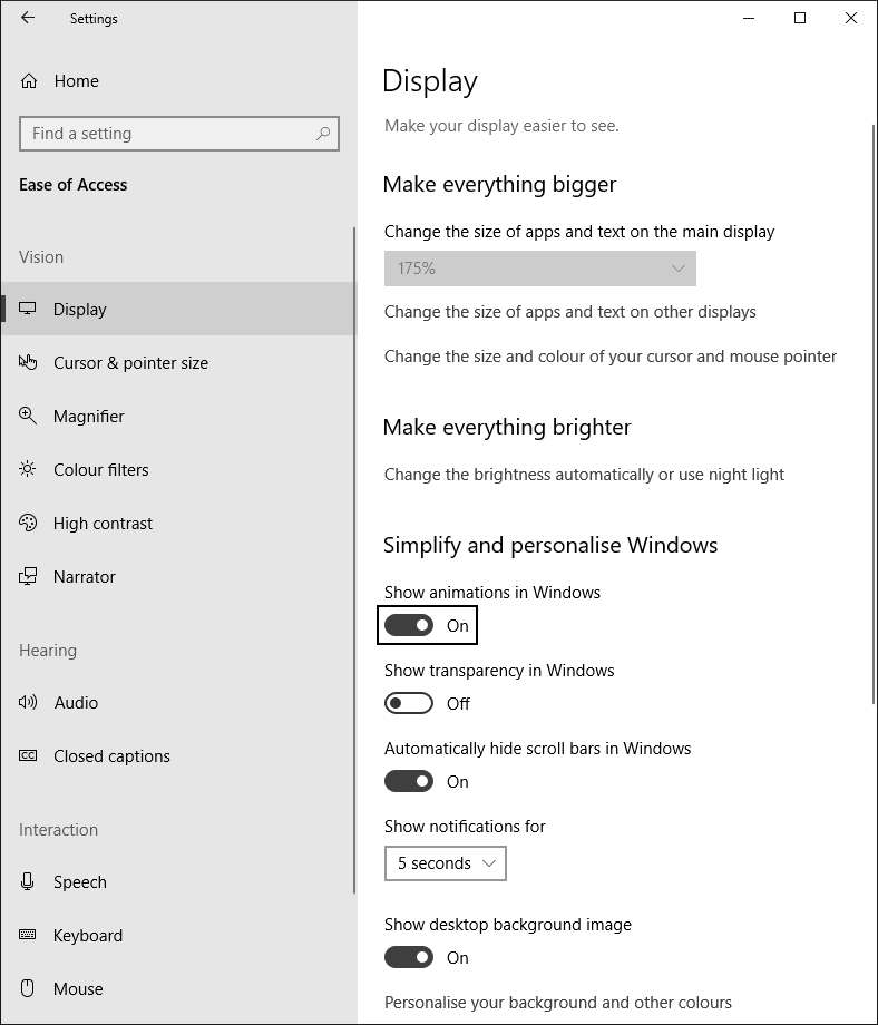 The 'Ease of Access > Display' dialog, with the 'Show animations in Windows' toggle highlighted