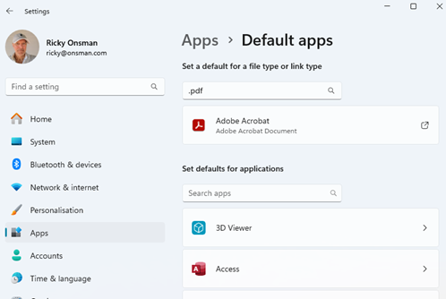 Screenshot of Windows settings to open PDF documents in a standalone reader app