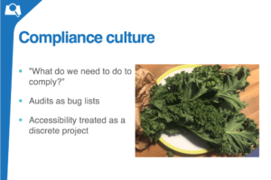 Presentation slide titled Compliance Culture. Slide is illustrated with a photo of some greens.