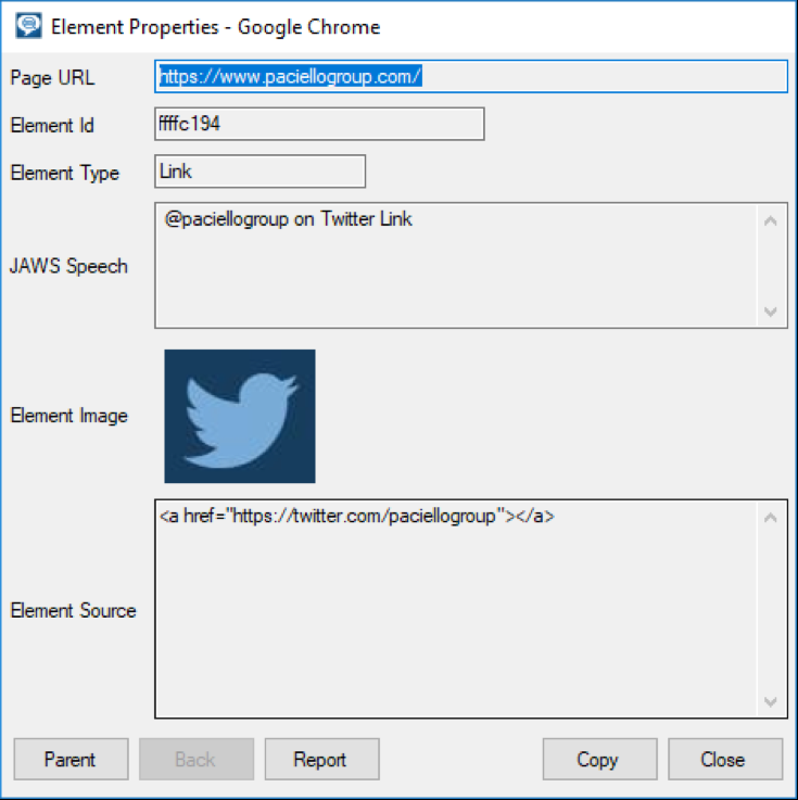 Element properties dialog showing page URL, element ID, Element type, JAWS speech, element image, and element source