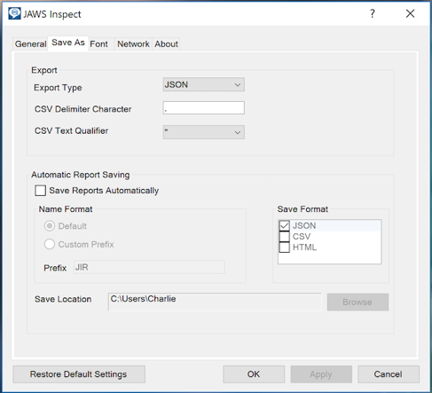 Export settings dialog box