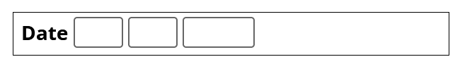 Three adjacent text input fields representing Day, Month and Year; the first field has a visible text label of 'Date'. 