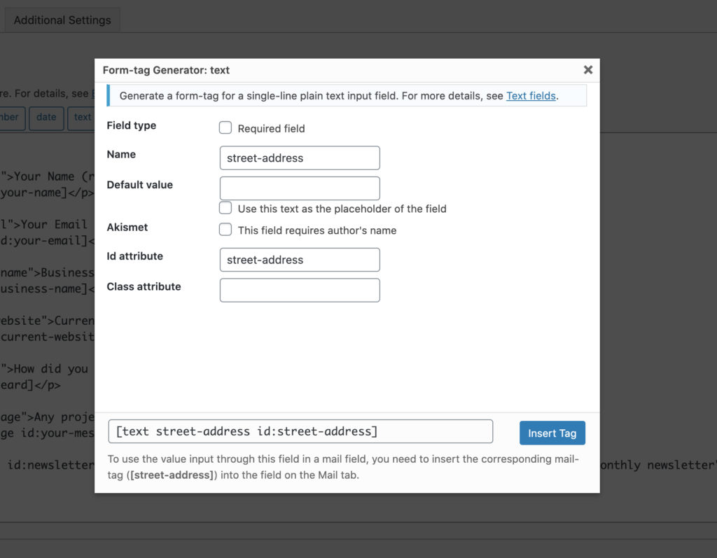 The Contact Form 7 text field generator modal