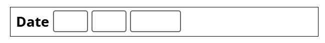 Three adjacent text input fields representing Day, Month and Year; the first field has a visible text label of 'Date'. 