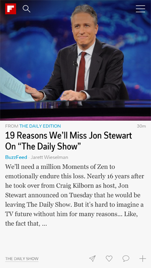 screenshot of Flipboard story about John Stewart resigning from the Daily Show, as rendered using HTML5 canvas.