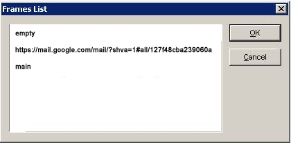 JAWS farmes list dialog displaying 3 frames: the first with a title of 'empty', the second with an URL as the title and another with a title of 'main'.