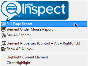JAWS Inspect dropdown menu with Full Page Report highlighted