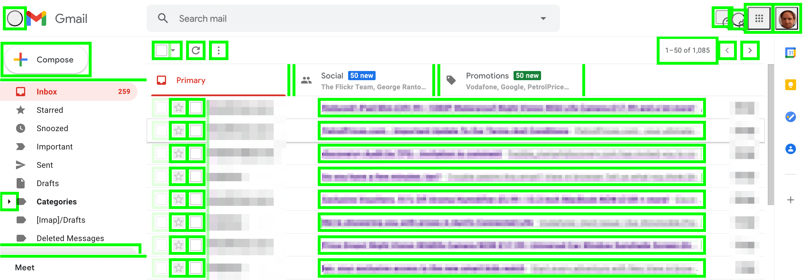 The Gmail user interface now awash with green outlines indicating all the HTML elements that have been swapped for more semantic native HTML equivalents