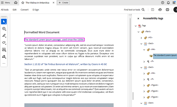 The Accessibility Tags panel open with a heading tag highlighted and the same heading highlighted in the document panel