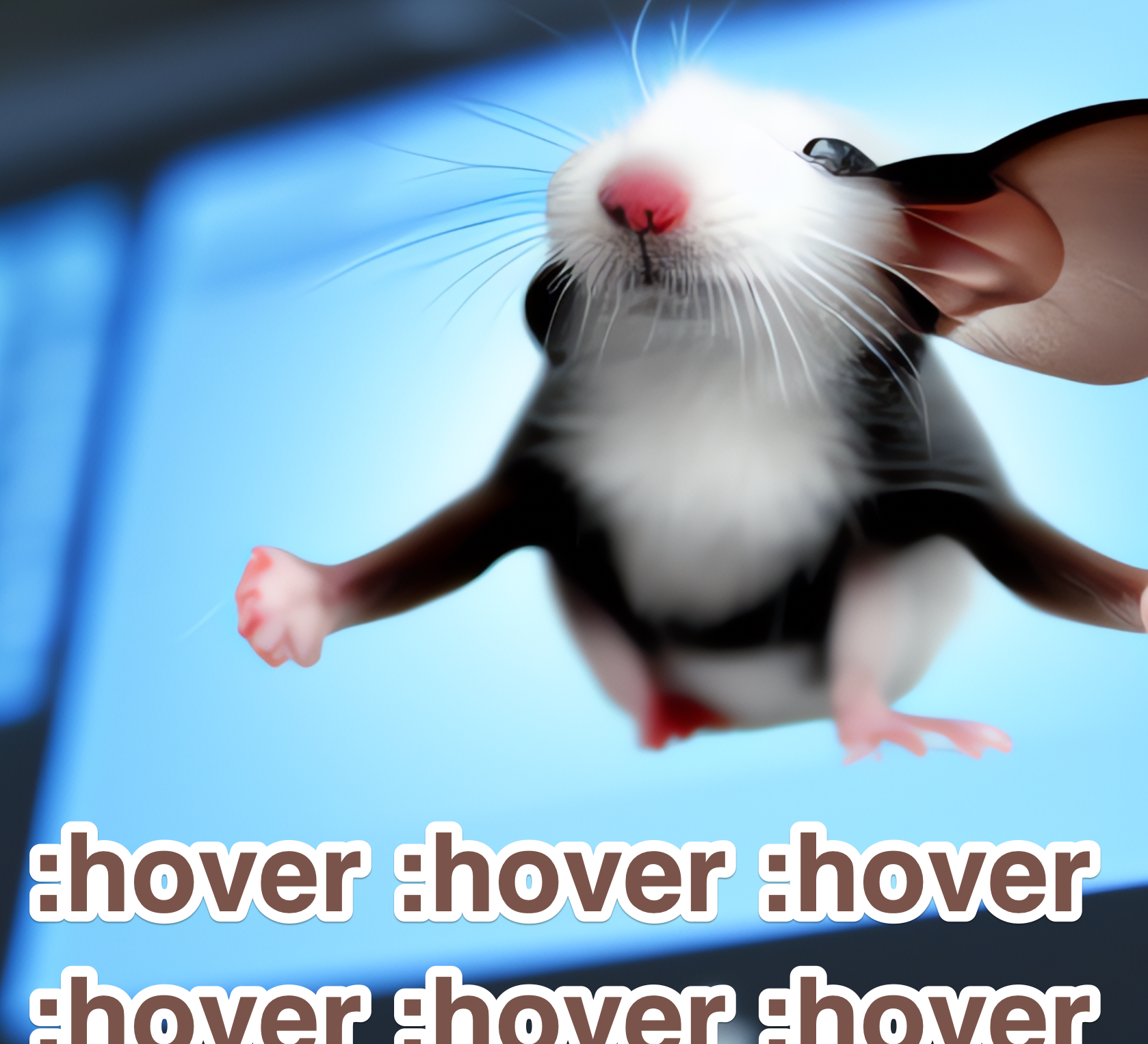 A mouse flying in front of a computer screen with the words :hover :hover :hover :hover :hover underneath