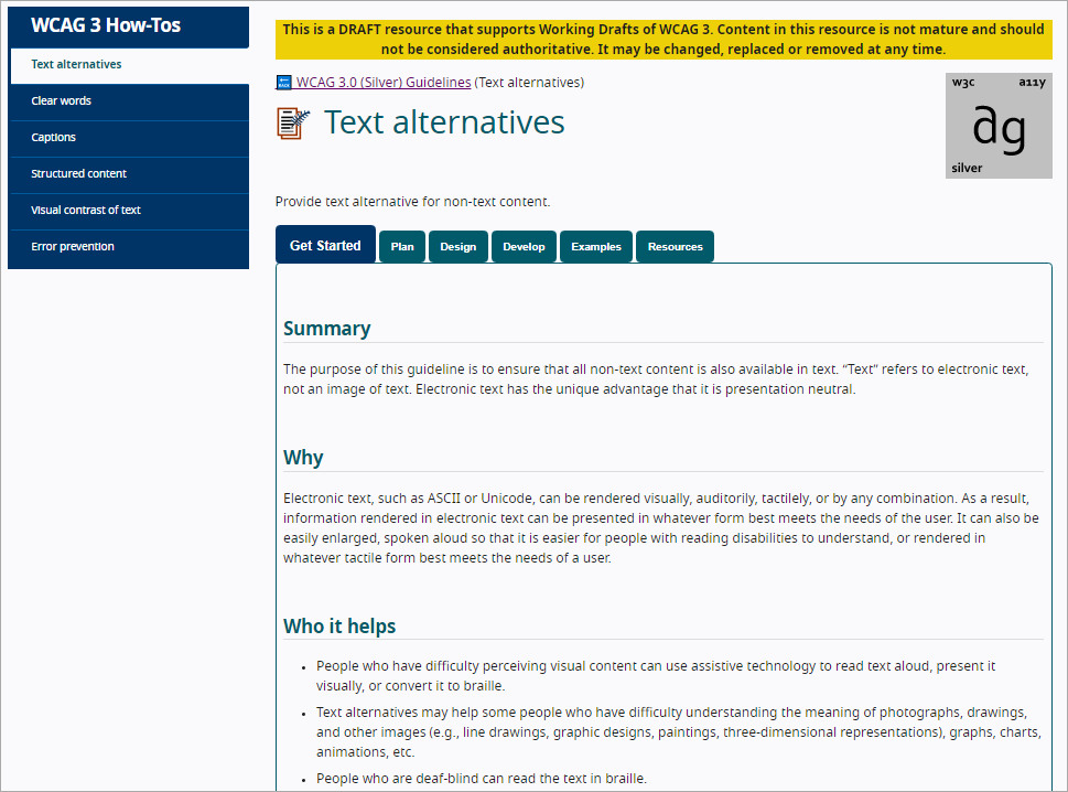 Screenshot of WCAG 3.0 Outcome page for Text alternative available