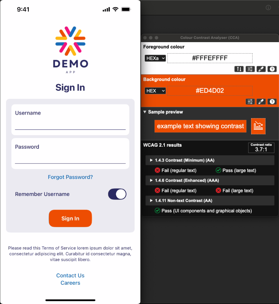 Screenshot of the demo app next to a screenshot of the Colour Contrast Analyser tool, where the tool is showing information for the bold orange 'Sign in' button.