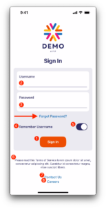 Screenshot of the demo app with a red arrow pointing at the 'Forgot password' link.