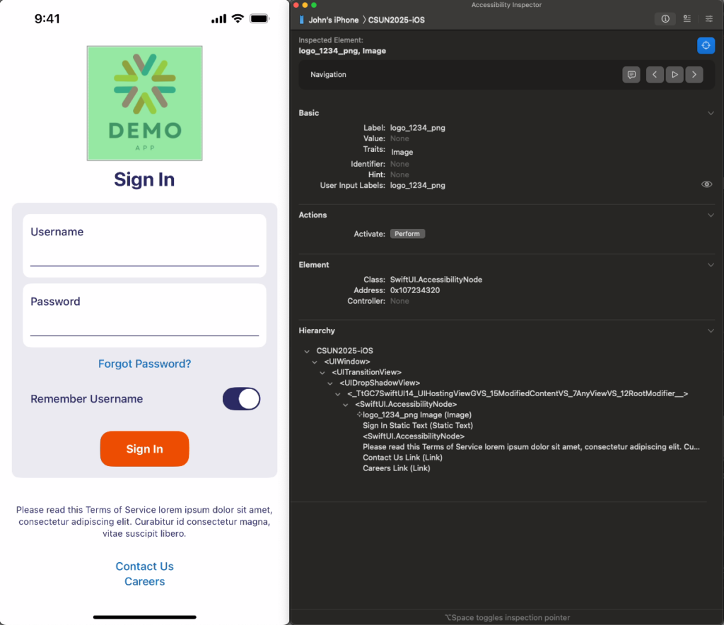 Screenshot of the demo app next to a screenshot of the Accessibility Inspector, which has details of the logo image properties, and a hierarchical view of its position in the content structure, while the app screenshot shows a highlight around the image.