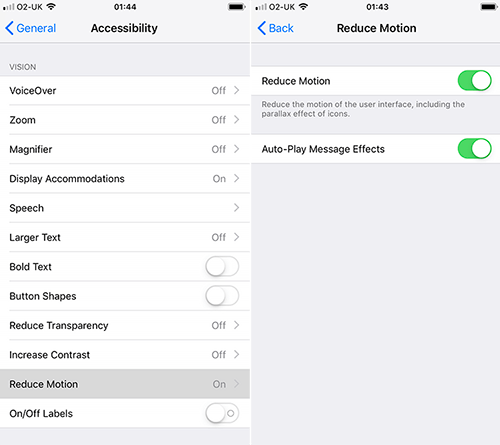 The 'Settings > Accessibility' page in iOS, with the 'Reduce motion' toggle highlighted