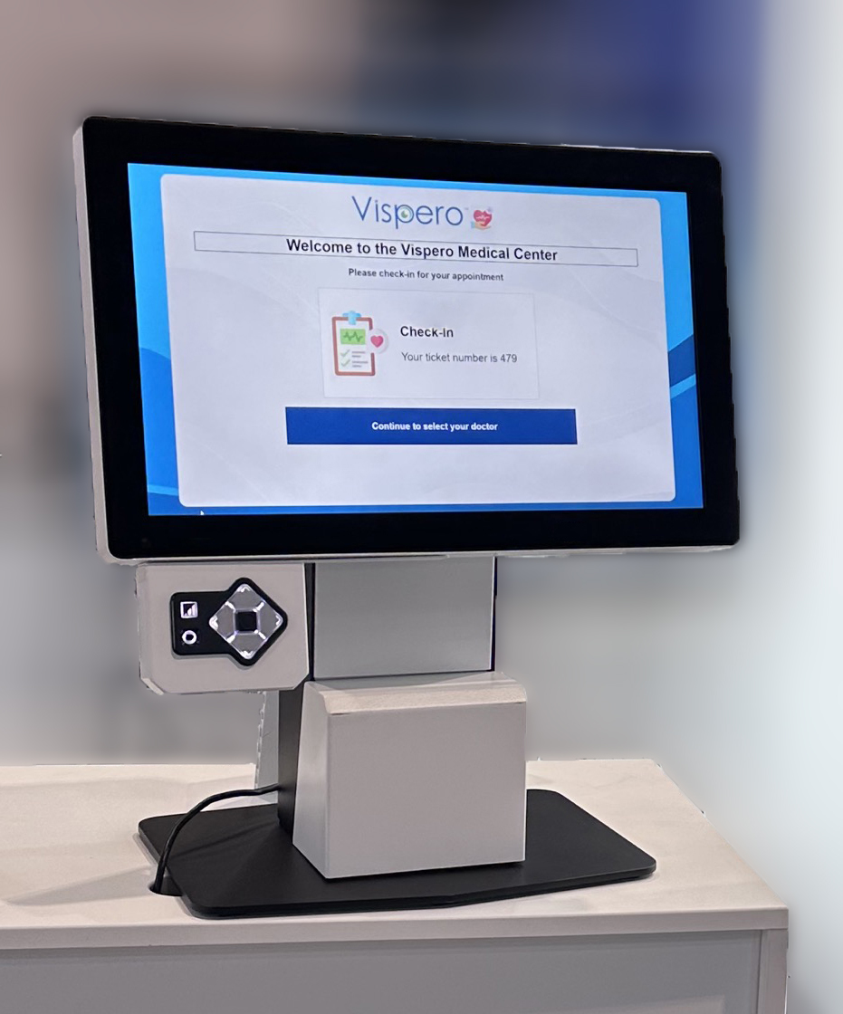 A self-service check-in kiosk that has been made accessible with a Storm Interface keypad.