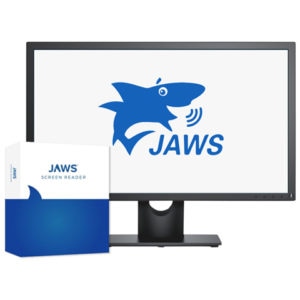 JAWS screen reader box in front of a computer monitor with the JAWS shark logo displayed.