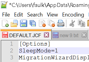 JCF file opened in a text editor with 'sleepmode=1' highlighted