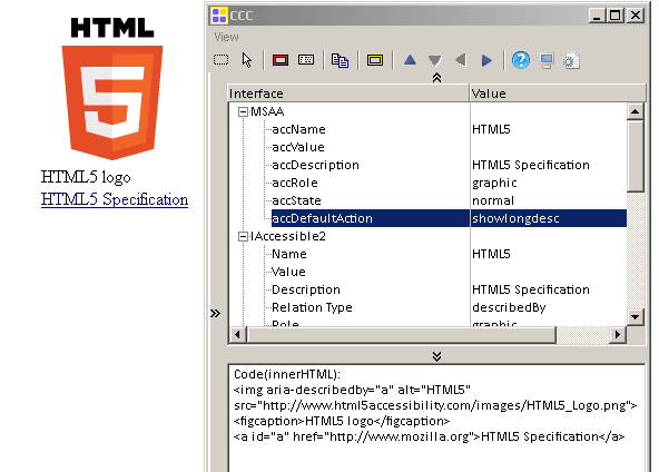 aViewer accessibility inspection tool showing the accessible action 'showlongdesc'  exposed in MSAA from a link associated with an image using aria-describedby.y