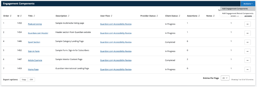 The list of components being tested in a manual audit in the ARC Provider portal.