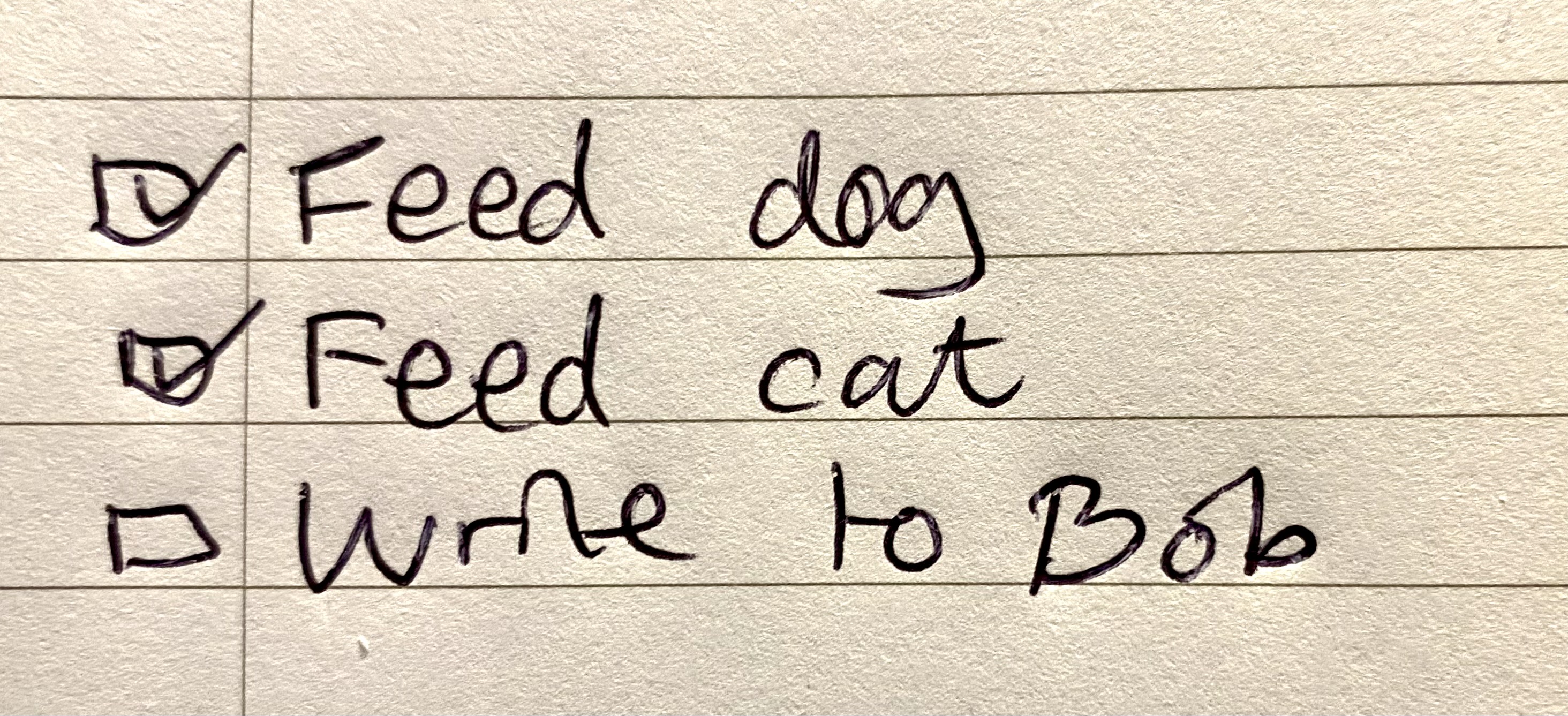 Hand-written TO-DO list with 'Feed dog', 'Feed cat', 'Write to Bob'