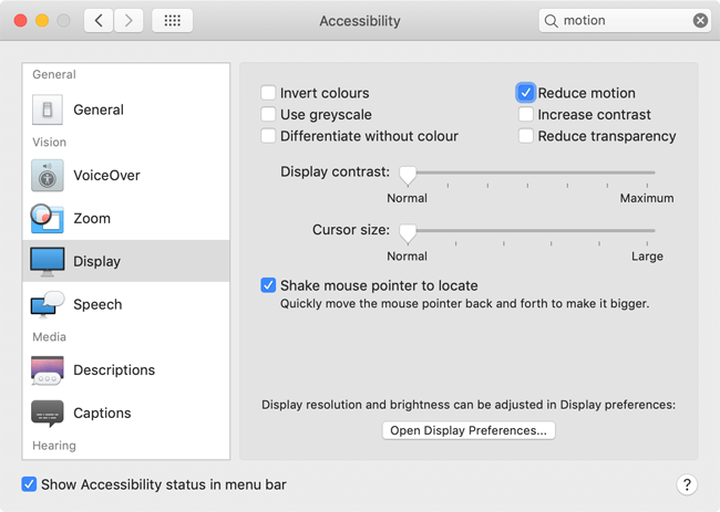 The 'System Preferences > Accessibility > Display' dialog on macOS, with the 'Reduce motion' checkbox highlighted