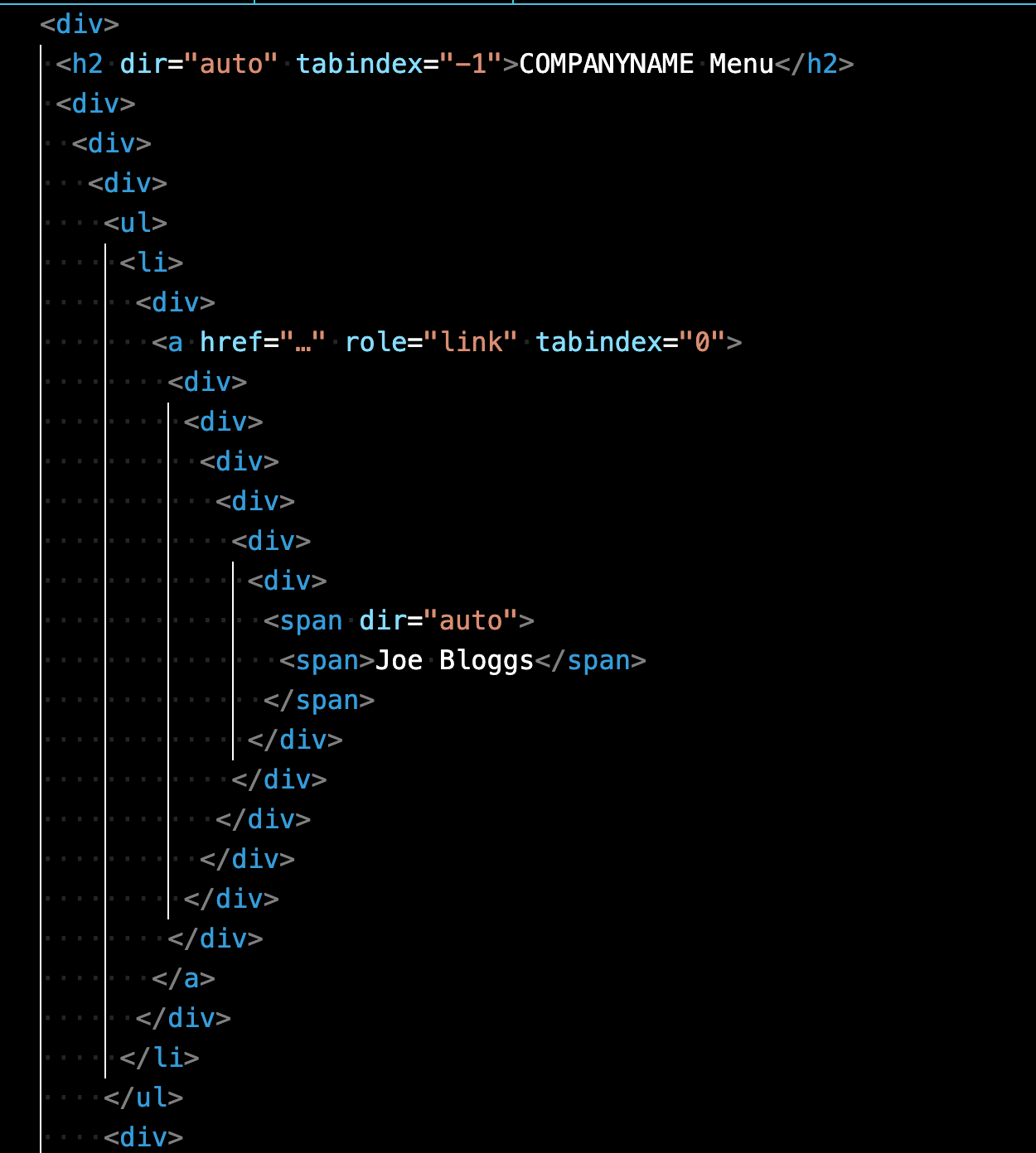The previously hideous markup, having been run through the De-crapulator, now revealing its underlying structure which comprises many non-semantic div elements, 12-levels deep