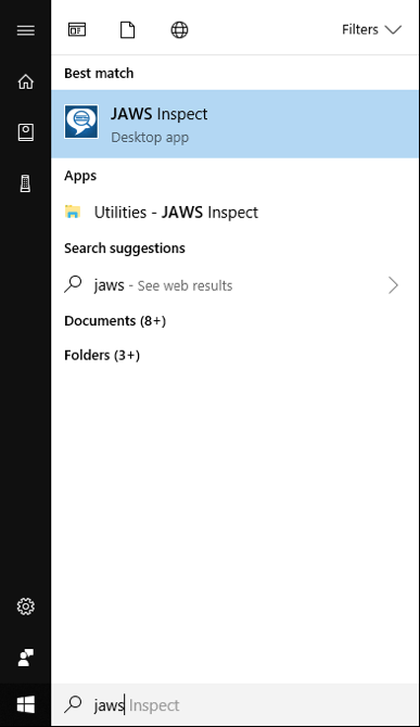 Windows Start menu with JAWS Inspect icon highlighted
