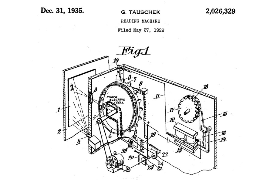 Drawing of 1935 patent application for reading machine