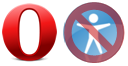 Opera logo next to a universal access symbol ocvered by a no access symbol.