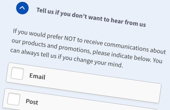 Section of an insurance broker website form that asks users to 'Tell us if you don’t want to hear from us' and provides a series of checkboxes for users to opt-out of communications about products and promotions.