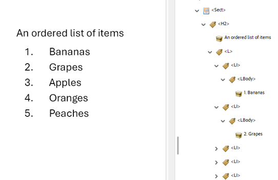 The Accessibility Panel showing tags for ordered list items highlighted and the same content in the document panel