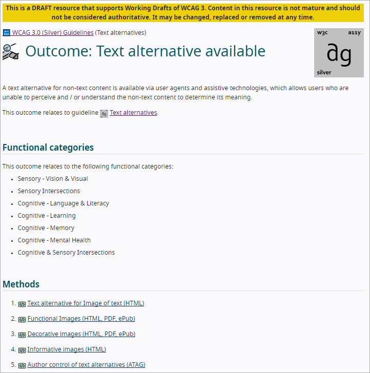 Screenshot of WCAG 3.0 How-To page for Text Alternatives