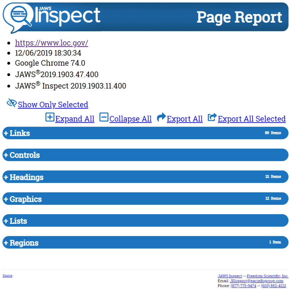 JAWS Inspect Full page report showing elements included on the page like links, controls, frames, headings, etc