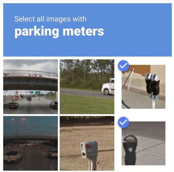 An example of a visual CAPTCHA test, which has the text "Select all images of parking meters". Underneath the text is a grid of small images, some of which contain parking meters, and show a checkmark next to them.