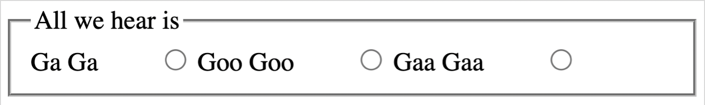 Each radio control is set so that the label comes first followed by the radio button. The gap between the label and the asociated text is much bigger than the gap between each radio button and the next (unrelated) label