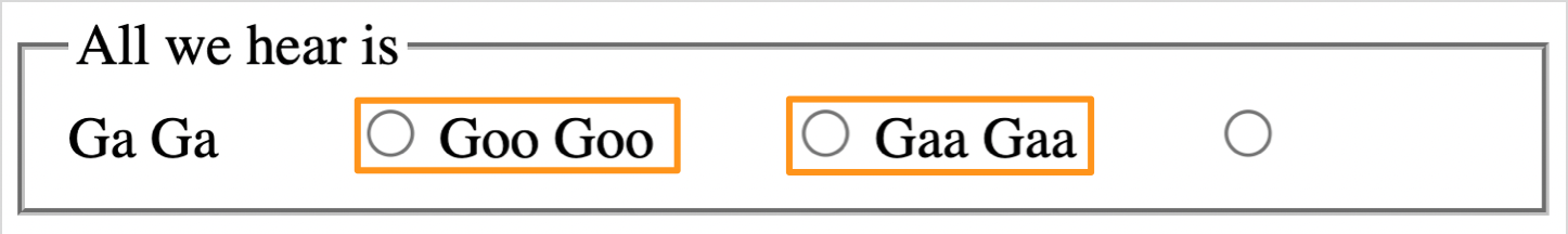A visual highlight of how the relationship of each radio button might be perceived (with the incorrect, but closer, label)