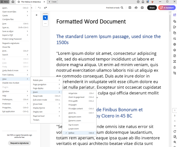 A PDF document where text has been resized 200% and Reflow applied to make stay within the viewport, with menu options highlighted.